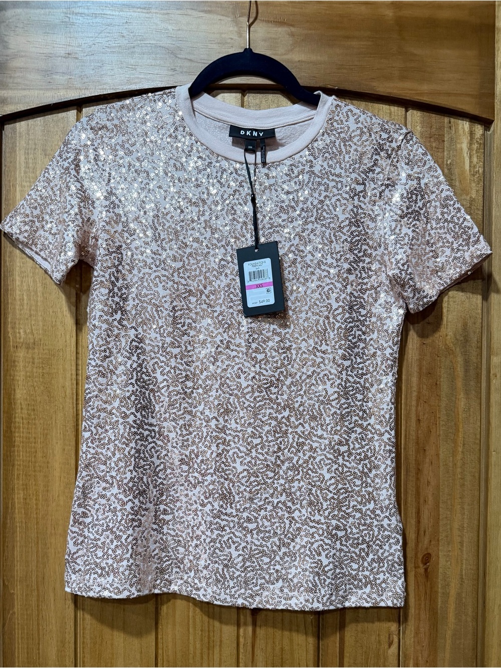 DKNY Rose Gold Sequin Short Sleeve Tee Shirt